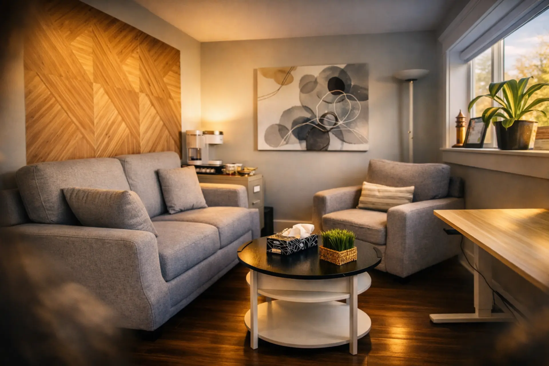 Healing Horizons Therapy counselling room in Victoria, BC with soft lighting, a grey sofa and armchair