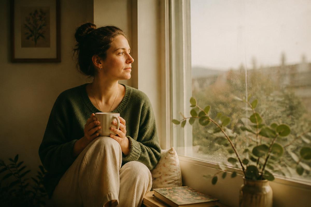 A person sitting quietly by a sunlit window with a warm mug, looking calm and reflective