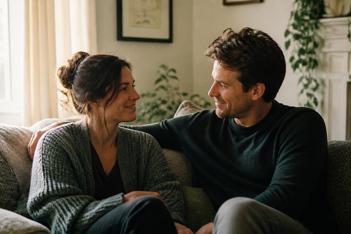 A couple sitting close together on a sofa in warm natural light, turned toward each other in conversation