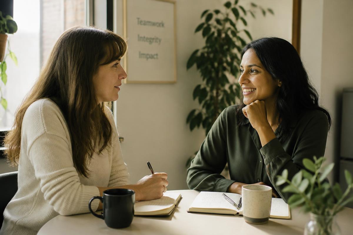 Two counsellors in warm, supportive conversation across a table with notebooks in a bright office